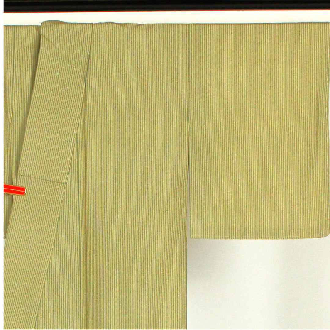 小紋 身丈160.5cm 裄丈64cm 袷 縞模様 ポリ Sランク 緑系 1115000612319