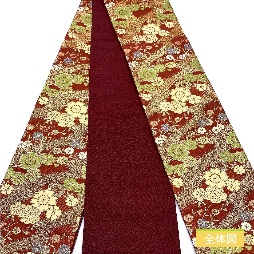 (未仕立)半幅帯 ポリエステル 海老赤色(えびあかいろ) 桜 花柄 青海波 古典柄 帯丈412cm 茶系 Sランク 1125001162414