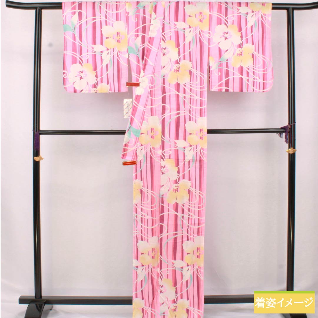 Cotton Yukata, Length 164.5cm, Sleeve Length 62.5cm, S Rank, Single Layer, Pink/Peach (Momoiro) with Hibiscus Stripes, 1118006702413