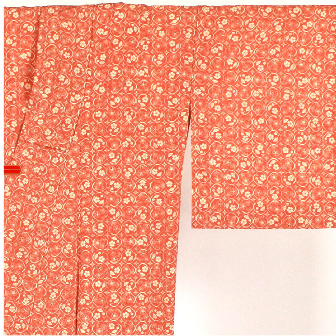 小紋 身丈155cm 裄丈63cm 袷 小花模様 洗える着物 ポリ Sランク ピンク系 1115000802313