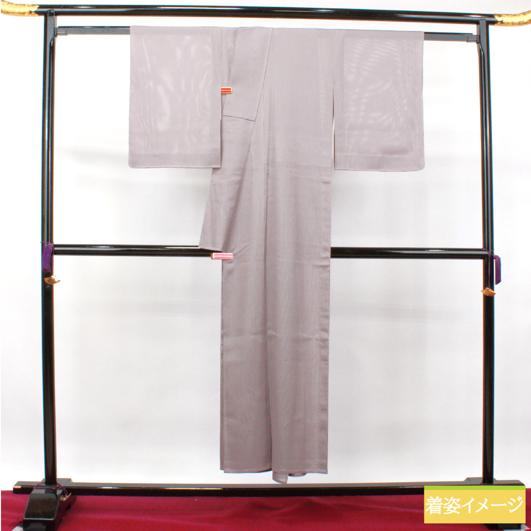 夏物 正絹 小紋 身丈148.5cm 裄丈61cm 灰桜色(はいざくらいろ) 縞 しつけ糸付き 未使用品 絽 Sランク グレー系 1132001842122