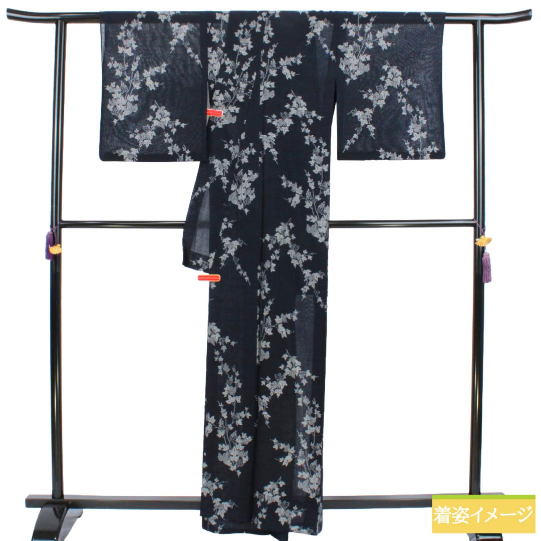 夏物 正絹 紬 Aランク 身丈162cm 裄丈66cm 濃紺色(のうこんいろ) 草木 紗 紺系 1132004983418