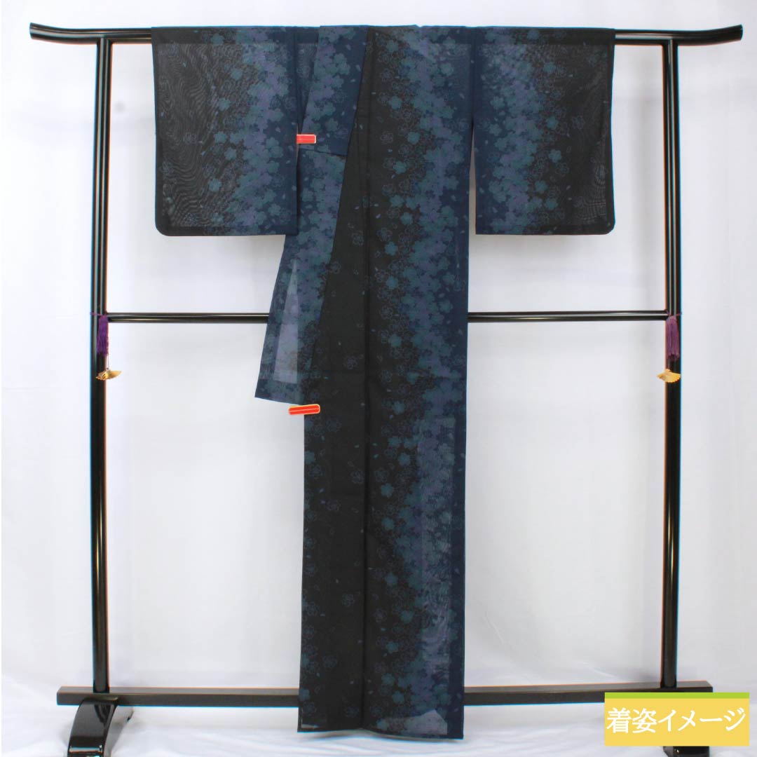 Summer kimono, polyester, small pattern, length 163.5cm, sleeve length 65cm, cherry blossom, washable kimono, gauze, S rank, black, 1132001942410