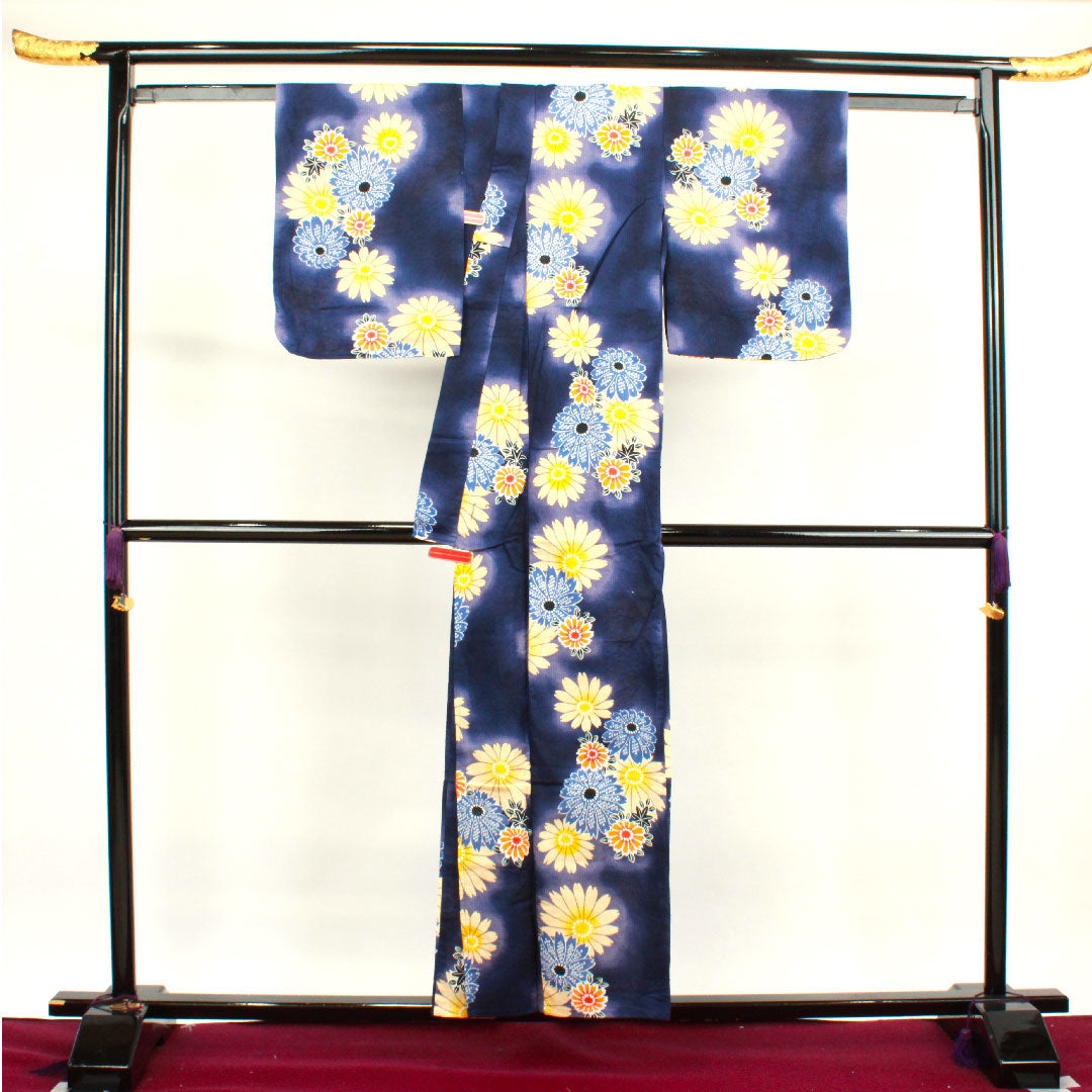浴衣 マリーゴールド 木綿 Sランク 単衣 身丈154.5cm 裄丈62cm 紺系 1118002102218