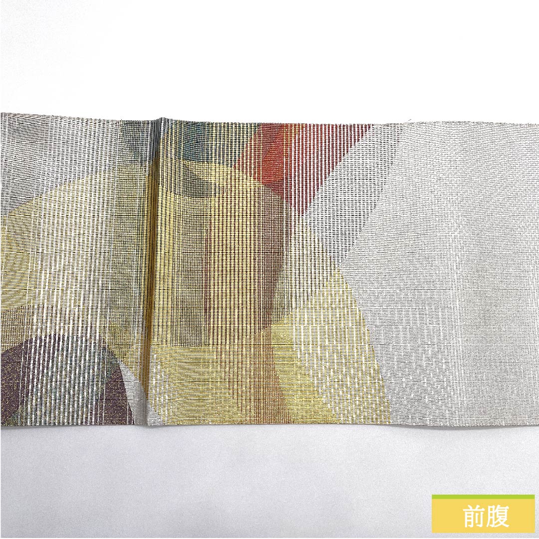 袋帯 金色 カラフル 幾何学模様 帯丈452cm 正絹 Sランク 六通 セミフォーマル 金系 1123011092421