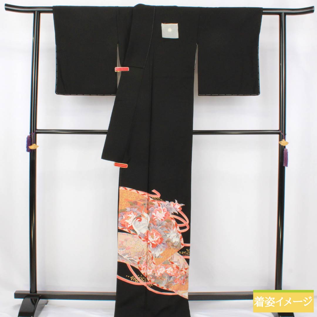黒留袖 正絹 Sランク 身丈165cm 裄丈65.5cm 袷 京友禅 五つ紋 片喰 吉祥文様 鶴 牡丹 五つ紋 黒系 1111002062510