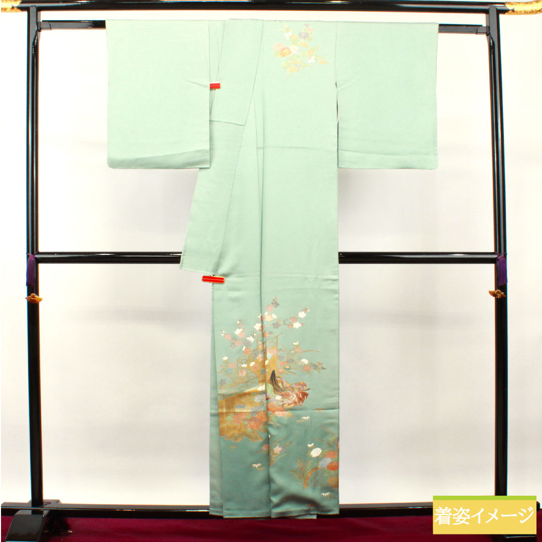 Homongi, pure silk, lined, length 156.5cm, sleeve length 64cm, light blue, gold leaf finish, auspicious motif, A rank, light blue, 1112003523324