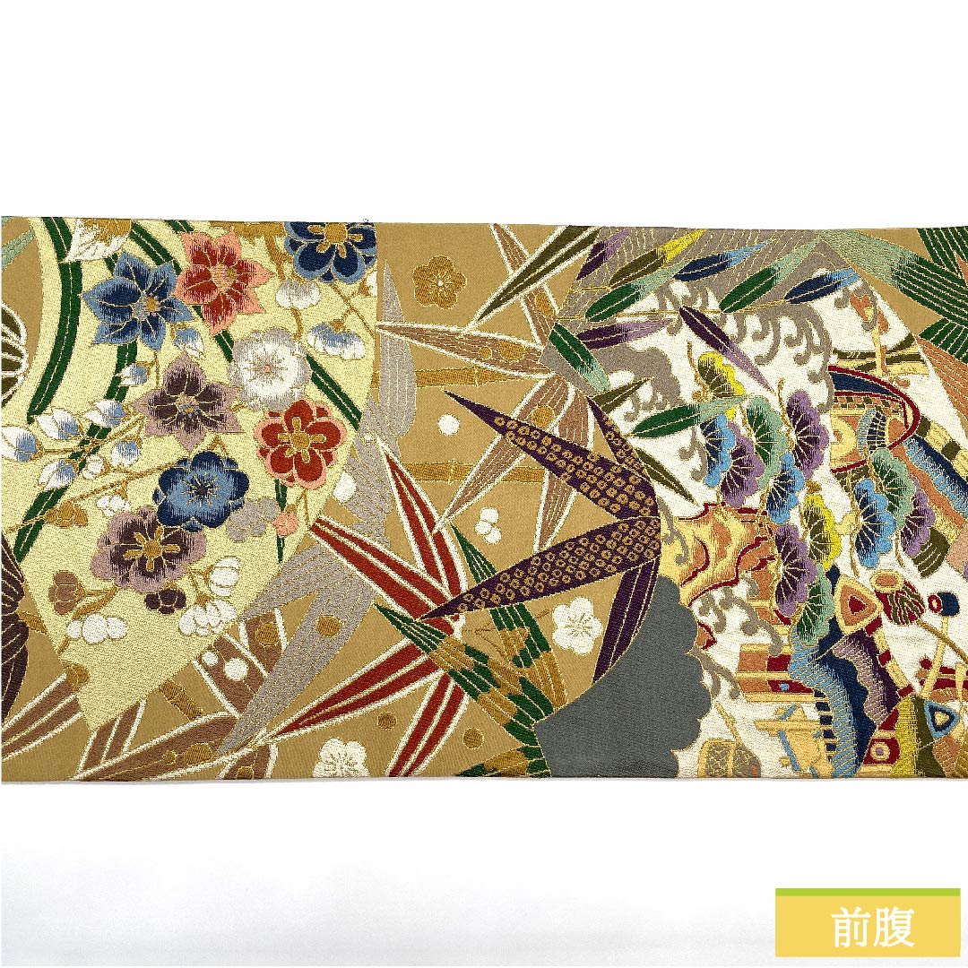 袋帯 胡桃色(くるみいろ) 白綾苑大庭 吉祥文様 松竹梅 帯丈418cm 正絹 Sランク 六通 フォーマル ベージュ系 1123010132325