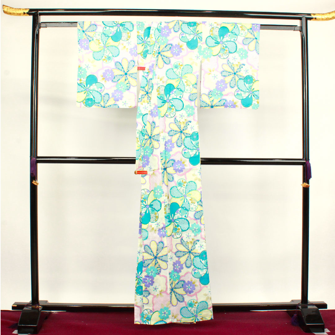 浴衣 ねじり梅 菊 橘 木綿 Sランク 単衣 身丈162.5cm 裄丈62.5cm グラデーション系 1118002662499