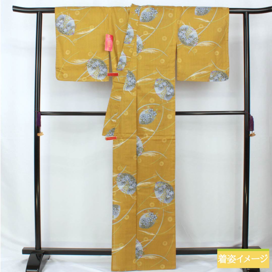 浴衣 木綿 身丈165cm 裄丈65cm Aランク 単衣 黄系 木蘭色(もくらんじき) 草花模様 ラビッサンルーチェ 1118006243523