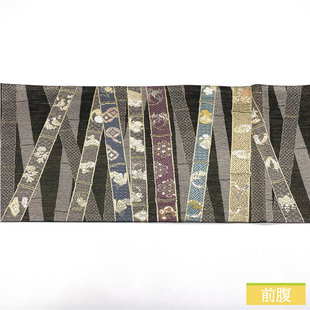 袋帯 正絹 Sランク 吉祥百寿瑞竹文 一図全通網羅錦 帯丈444cm 全通 フォーマル 黒系 1123015262310