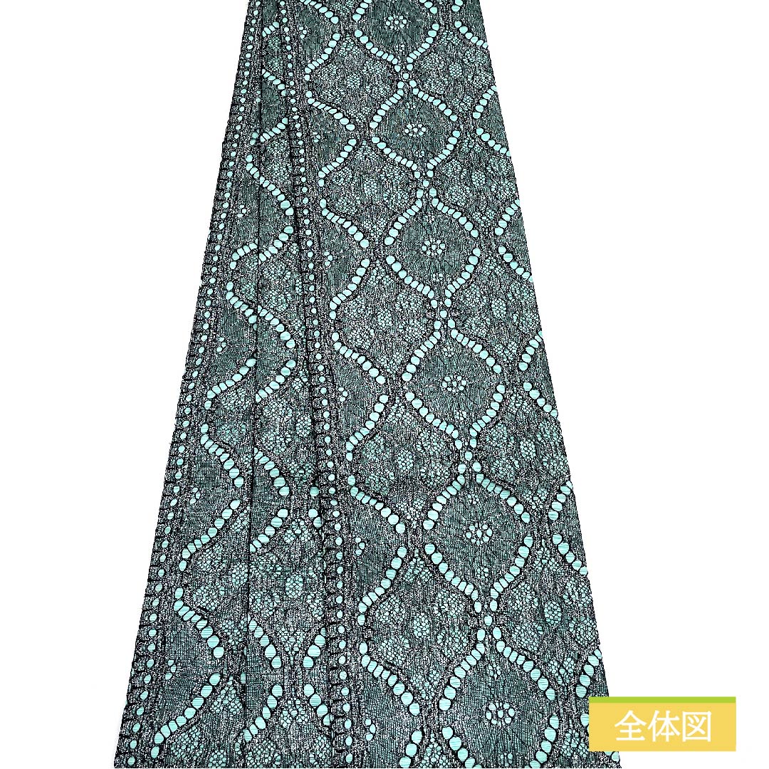 Half-width obi, polyester, light blue, lace pattern, geometric pattern, reversible, long, obi length 478cm, green, S rank, 1125000912419