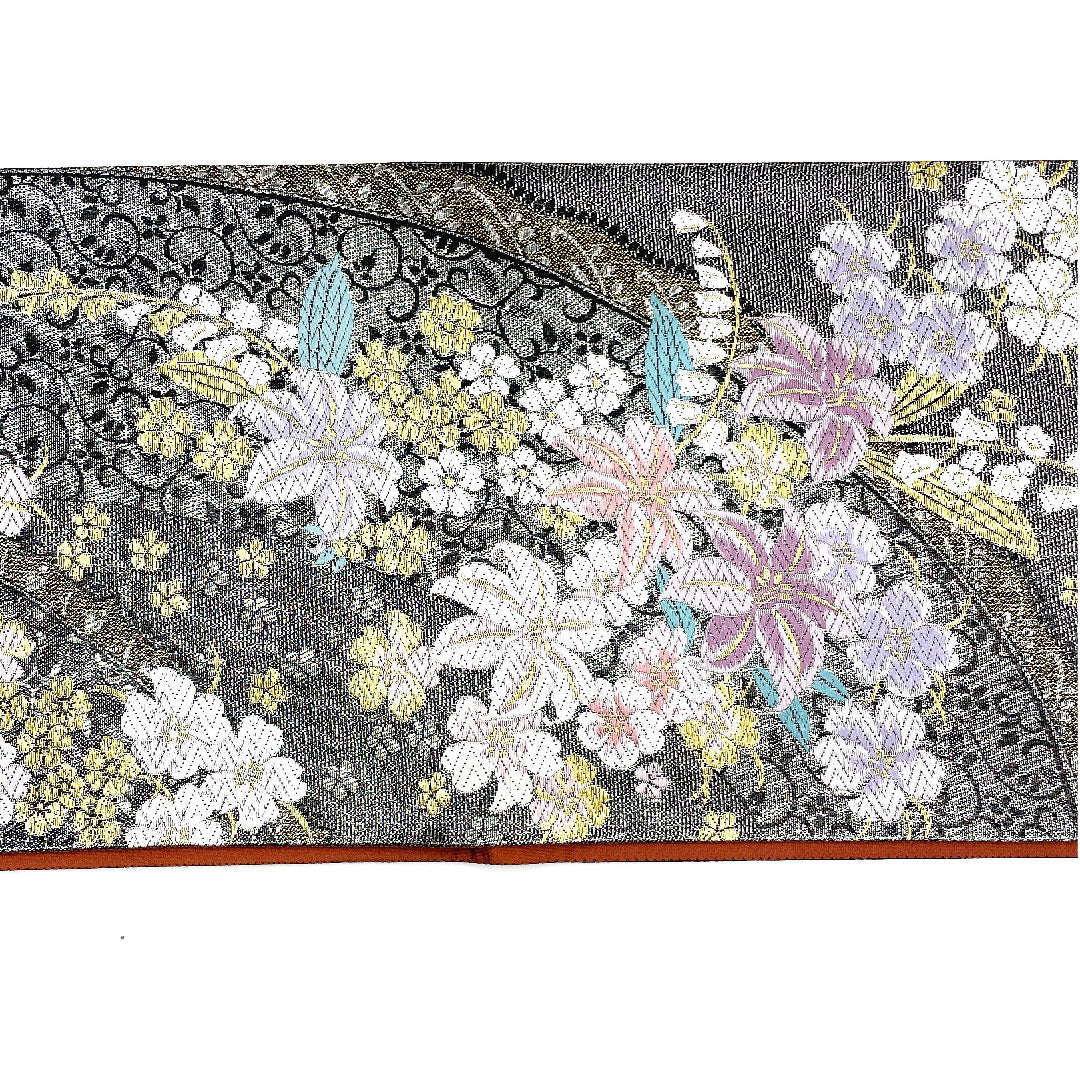 (未仕立)袋帯 花柄 振袖用 桜 帯丈455cm 正絹 NEWランク 六通 セミフォーマル 黒系 1123002501410