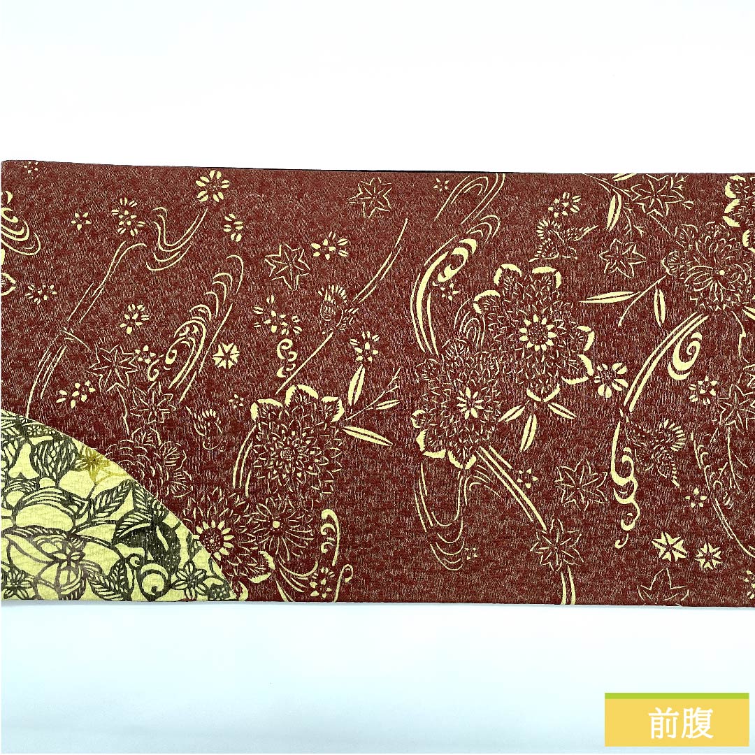袋帯 淡黄色色(たんこうしょくいろ) 二図全通 リバーシブル 唐花 葡萄 帯丈464cm 正絹 Sランク 全通 カジュアル 黄系 1123011192423