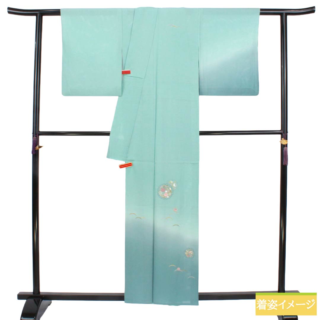 夏物 正絹 付下げ Aランク 身丈157.5cm 裄丈62.5cm 薄水色(うすみずいろ) 蘇州刺繡 雪輪 一つ紋 絽 水色系 1132007223324