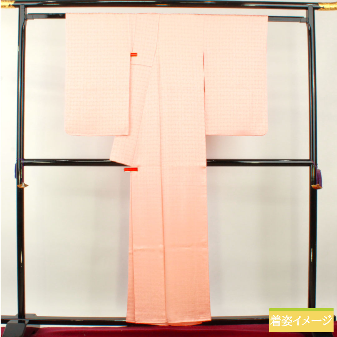 色無地 正絹 身丈154.5cm 裄丈63cm 東雲色(しののめいろ) 抽象模様 一つ紋 花菱 袷 Sランク ピンク系 1114001372213