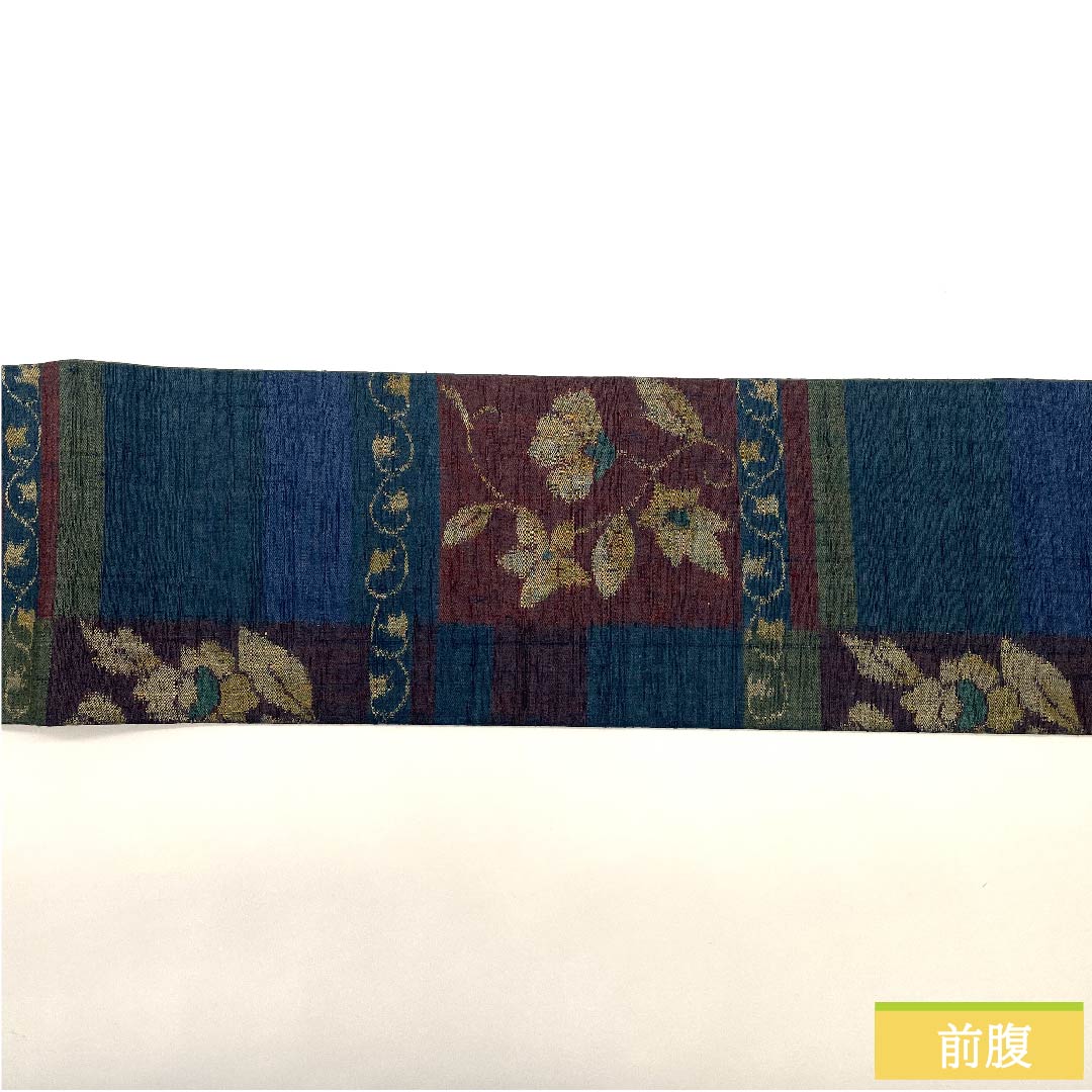 Nagoya obi, indigo iron color, floral pattern, obi length 364cm, pure silk, S rank, six-pass, casual, navy blue, 1124006112318, Nagoya style
