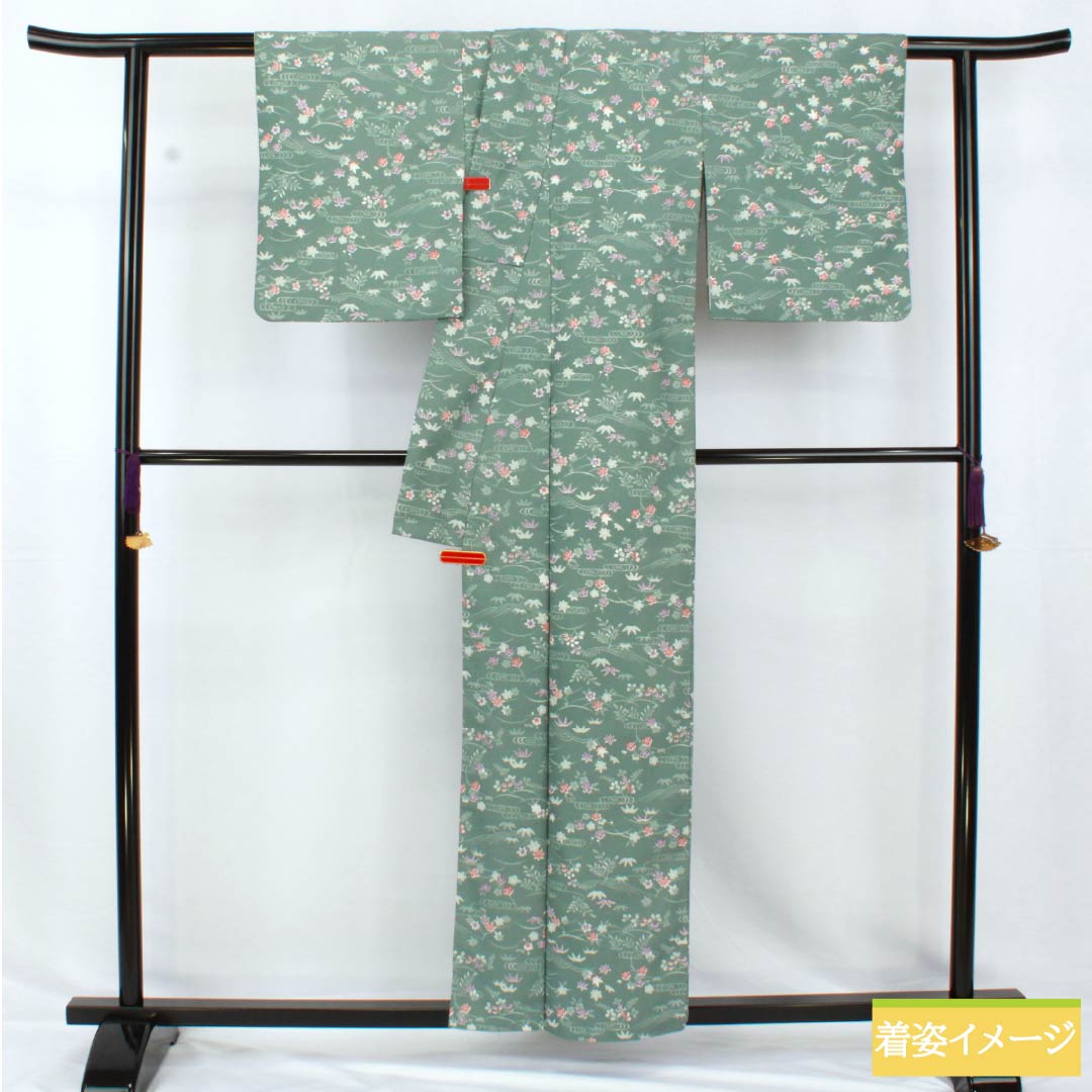 小紋 ポリエステル 身丈158.5cm 裄丈63cm 袷 山藍摺色(やまあいずりいろ) 洗える着物 草木模様 Aランク 緑系 1115005143319