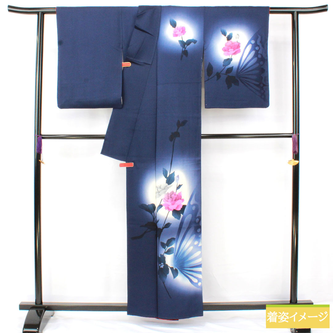 訪問着 正絹 袷 身丈159cm 裄丈65cm 濃紺色(のうこんいろ) 蝶 薔薇 Aランク 紺系 1112005883318