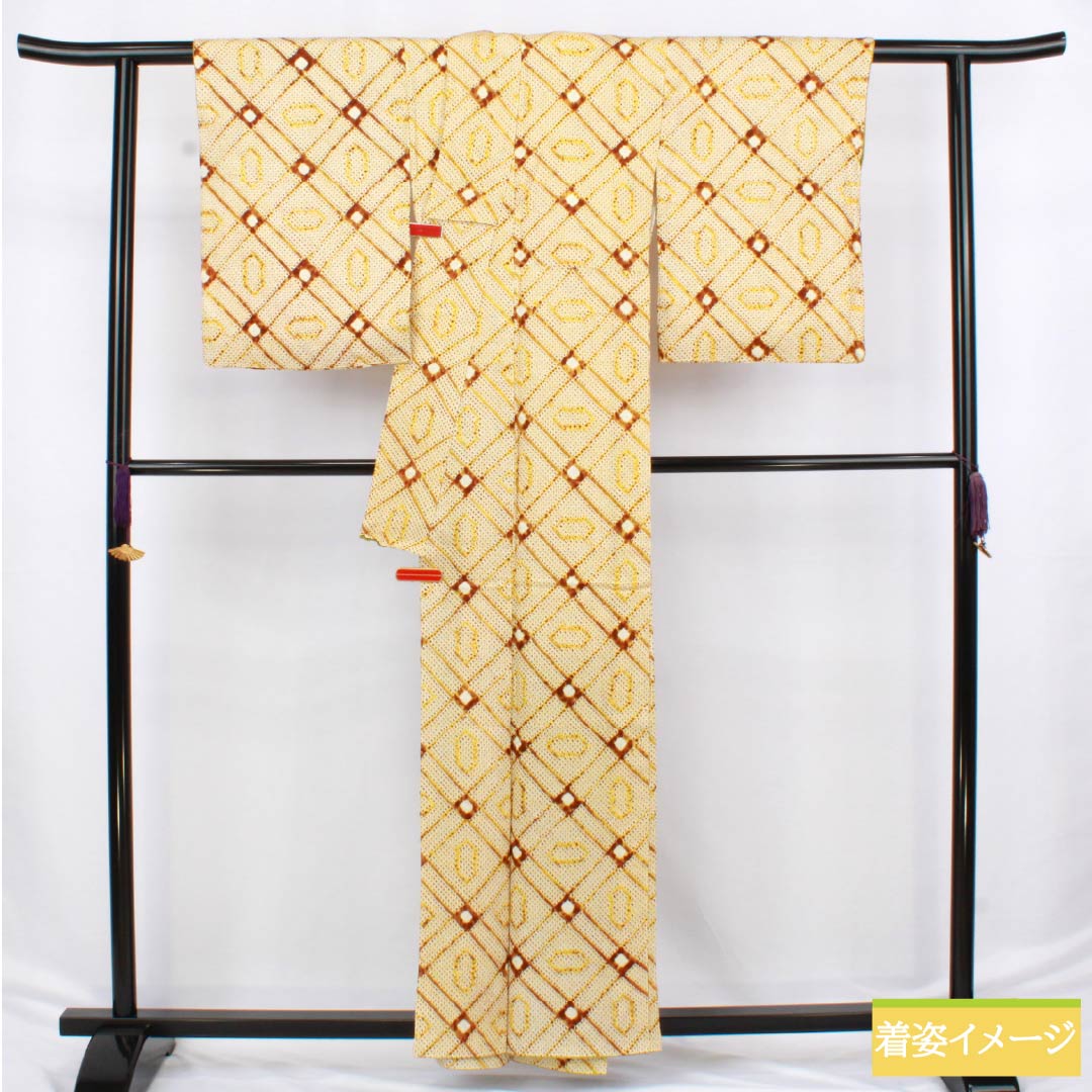 小紋 正絹 Aランク 身丈158cm 裄丈64cm 袷 藤黄色(とうおういろ) 絞り 幾何学模様 黄系 1115006583323