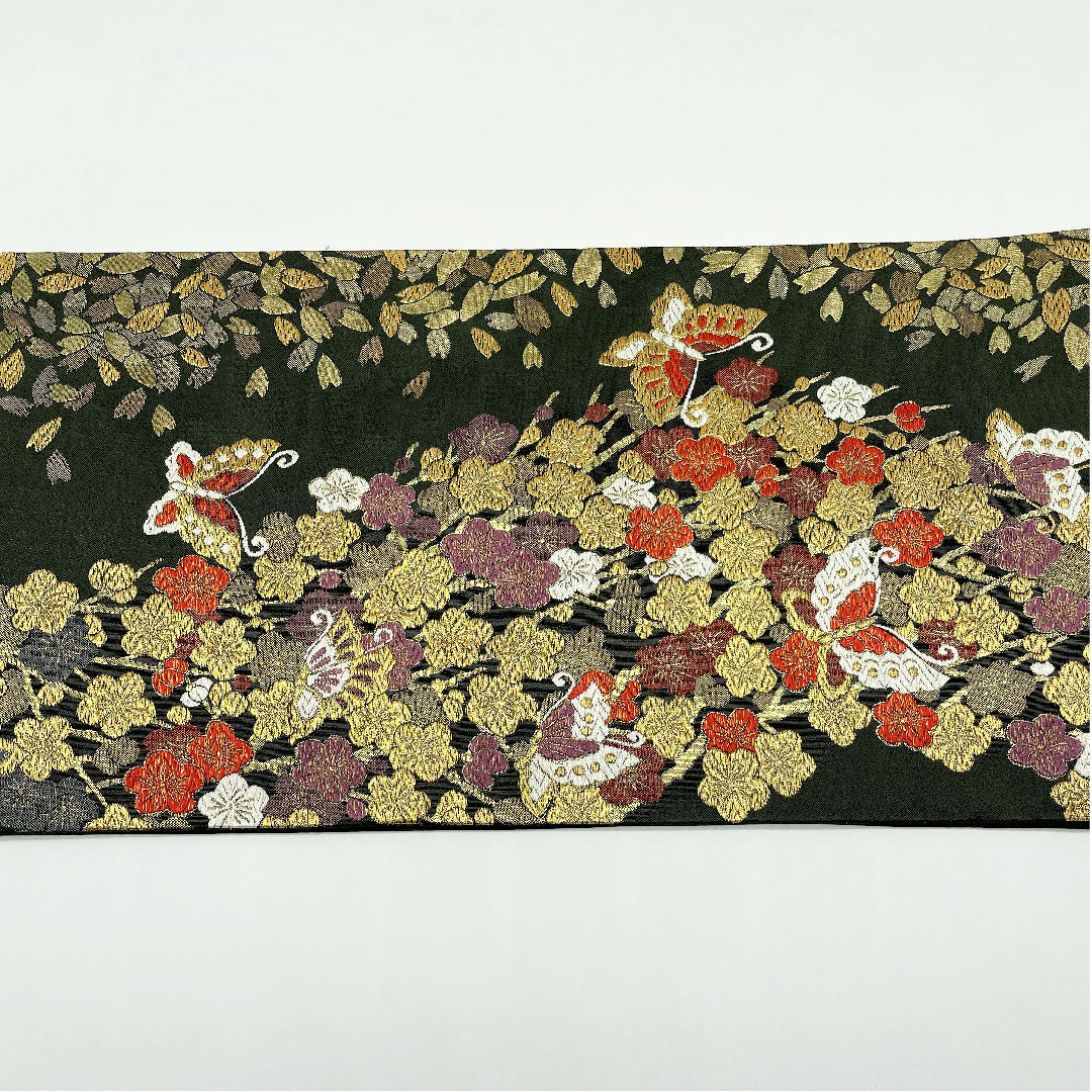 袋帯 革色(かわいろ) 振袖用 蝶 桜 帯丈438cm 正絹 Aランク 六通 フォーマル 緑系 1123005003319