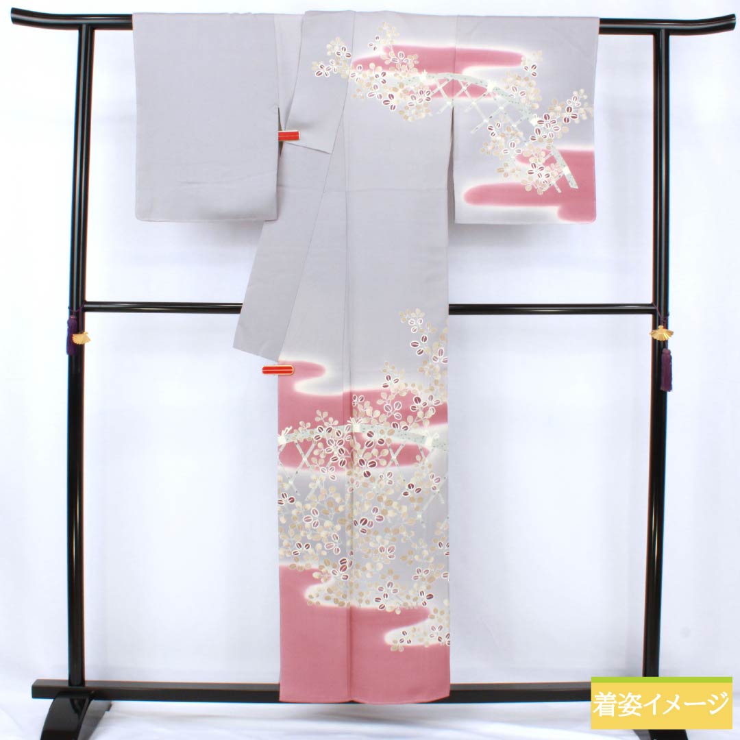 訪問着 正絹 Bランク 袷 身丈154cm 裄丈64.5cm 鈍紫色(にぶむらさきいろ) 一つ紋 中陰五三桐 京友禅 霞 萩 紫系 1112007244220