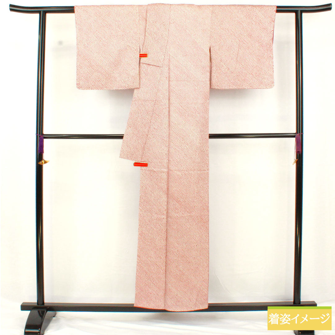 小紋 正絹 身丈155cm 裄丈63cm 袷 積紅色(せきこういろ) 総絞り 疋田絞り Aランク 紫系 1115004643320