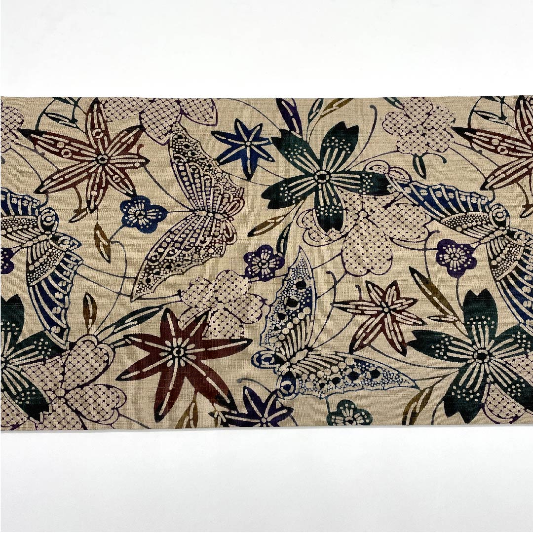 袋帯 白橡色(しろつるばみ) 蝶 桜 染め帯 帯丈450cm 正絹 Aランク 全通 カジュアル 茶系 1123006103314