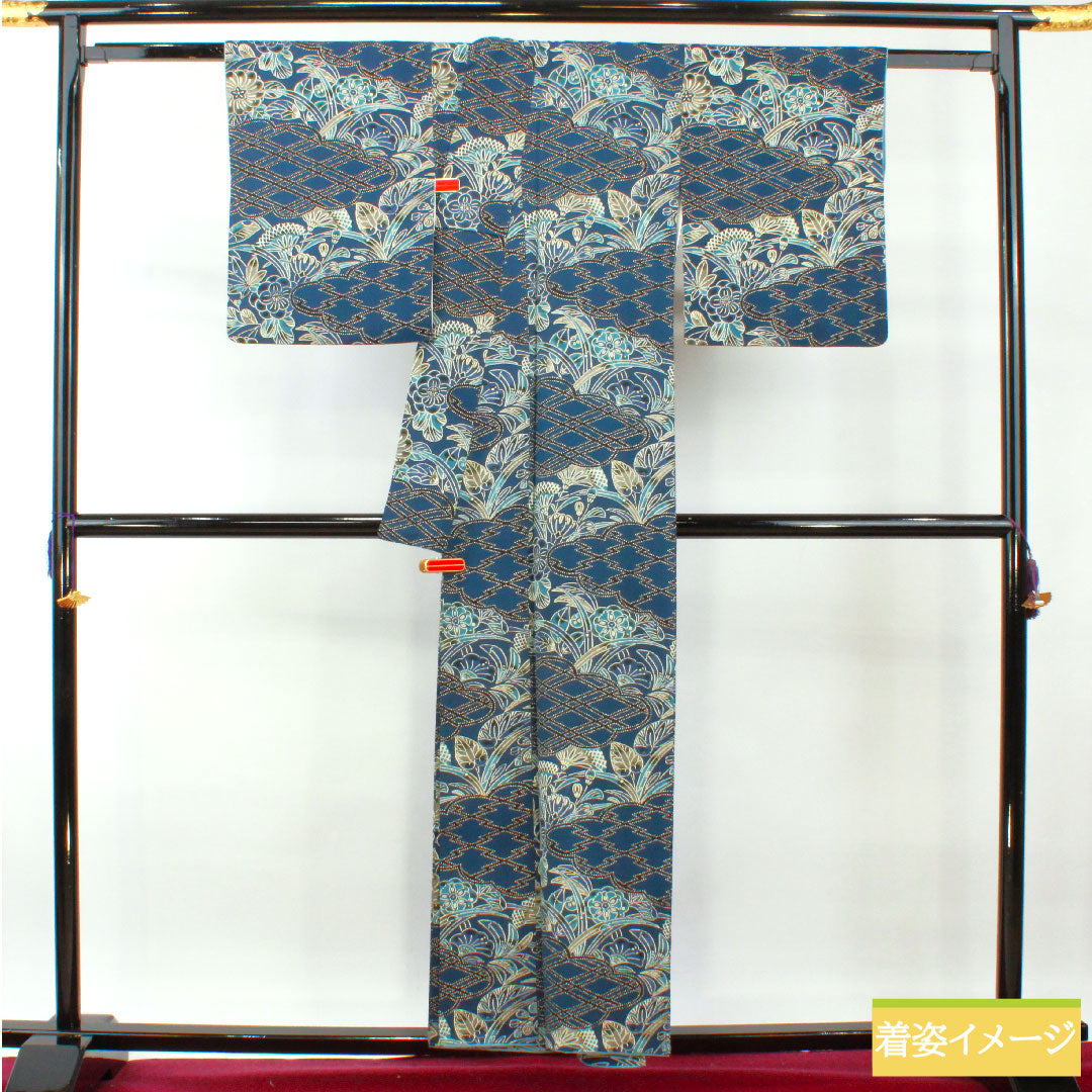 Komon, pure silk, length 156cm, sleeve length 64cm, lined, navy blue, Kyoto Bingata, auspicious motif, A rank, navy blue, 1115004283318