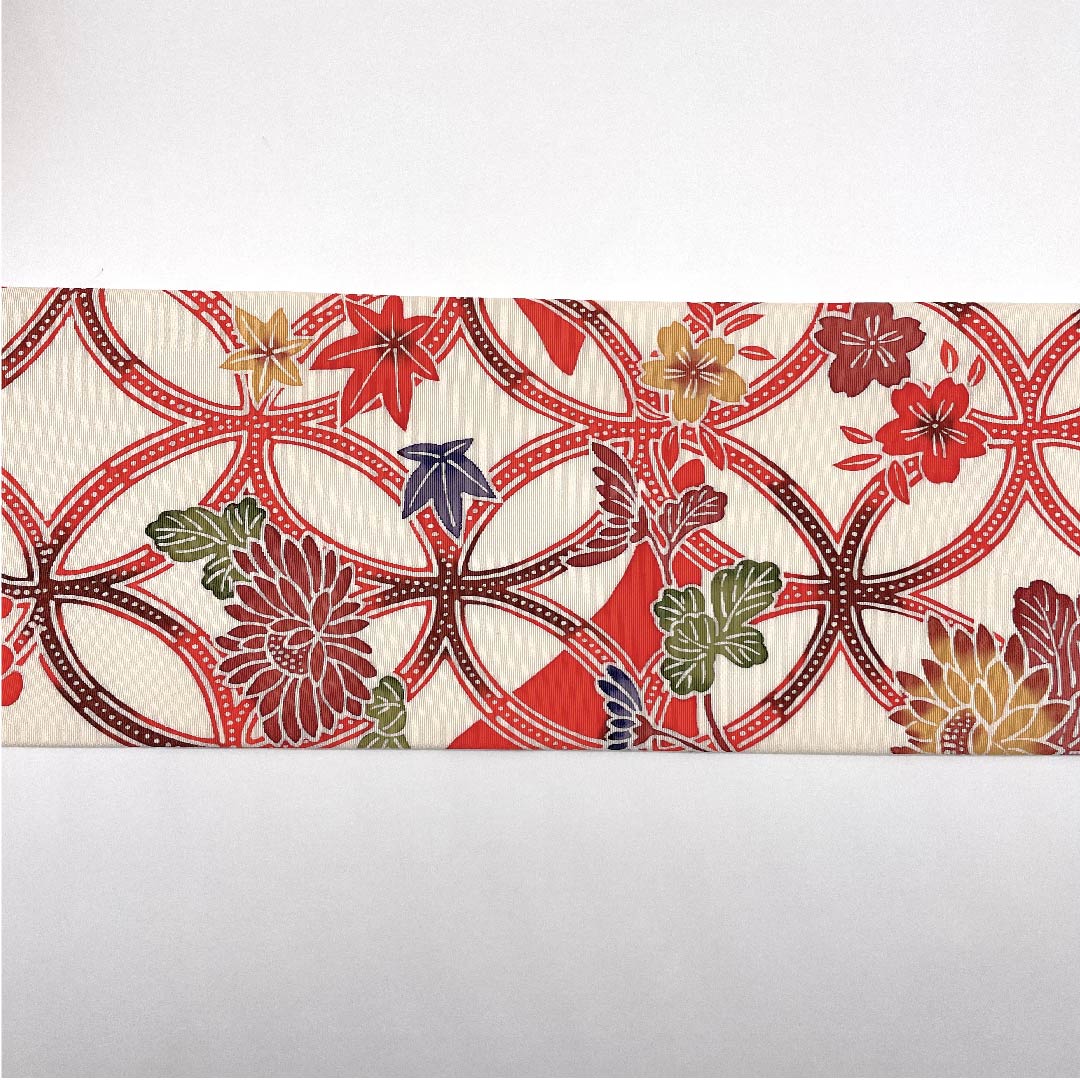 名古屋帯 緋色 七宝つなぎ 花柄 帯丈383cm 正絹 Sランク ポイント柄 カジュアル 朱系 1124004512316 名古屋仕立て