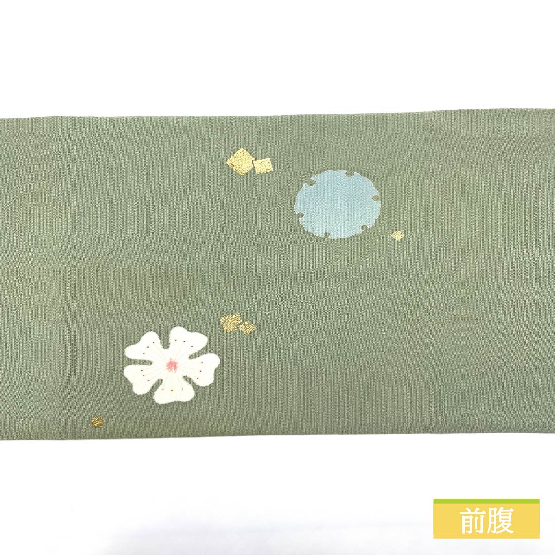 名古屋帯 裏葉色(うらはいろ) ちりめん地 染め帯 雪月花 帯丈364cm 正絹 Sランク ポイント柄 カジュアル 緑系 1124007042319 松葉仕立て