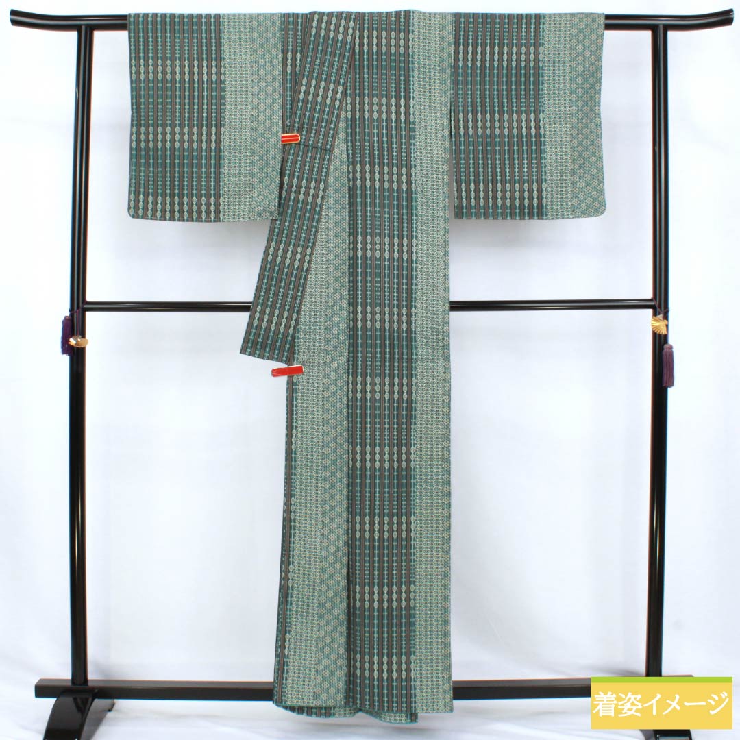 小紋 ポリエステル Sランク 身丈158cm 裄丈65.5cm 袷 胆礬色(たんばいろ) 型染 抽象模様 背抜き仕立て 洗える着物 緑系 1115007932319