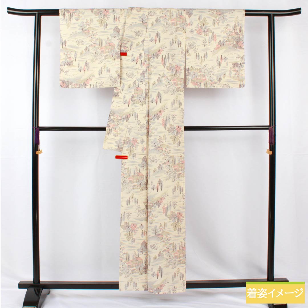 小紋 正絹 身丈157.5cm 裄丈64cm 単衣 生成り色(きなりいろ) 茶屋辻 Sランク 白系 1115005292311