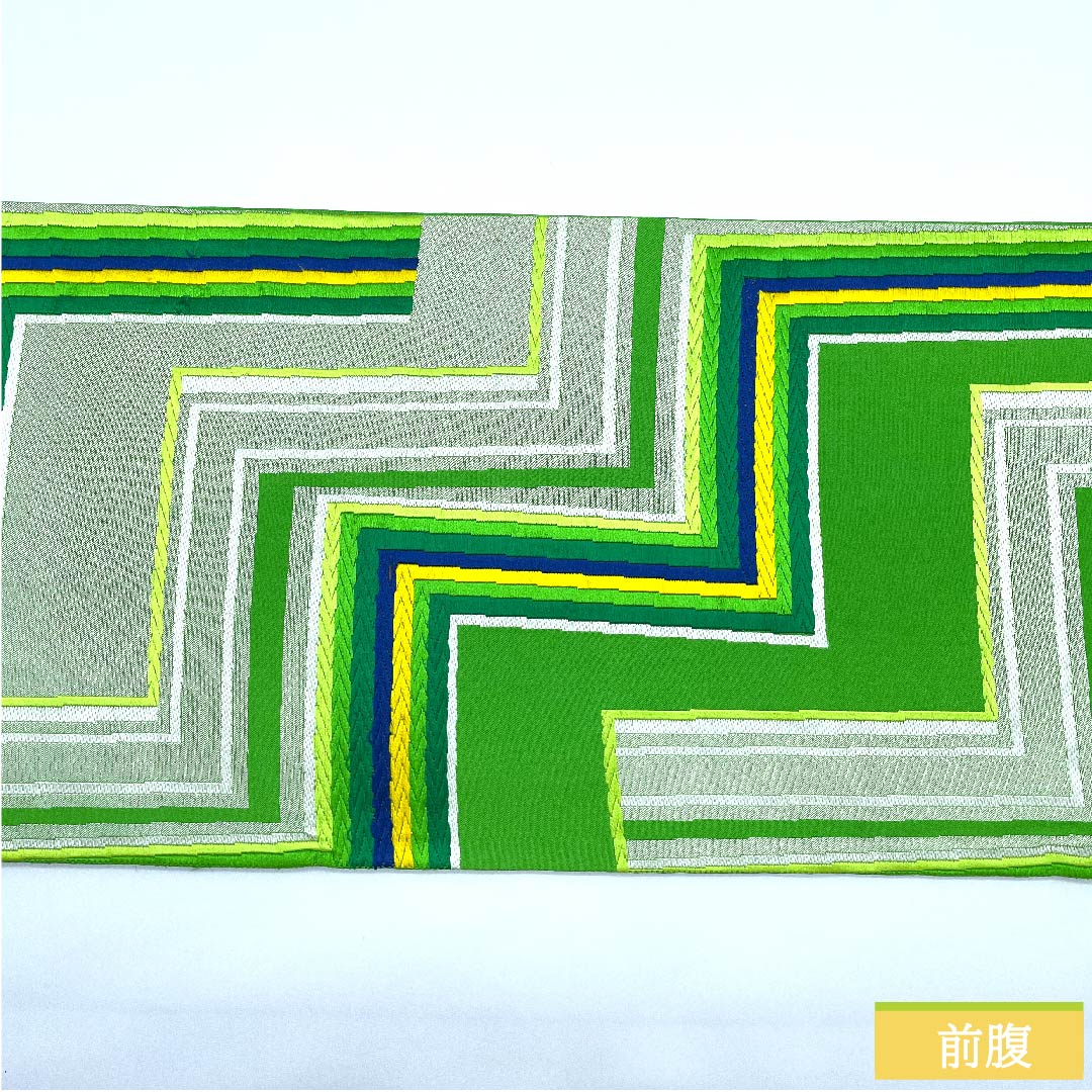 袋帯 黄緑色(きみどりいろ) 幾何学模様 帯丈418cm 正絹 Aランク 六通 フォーマル 緑系 1123010043319