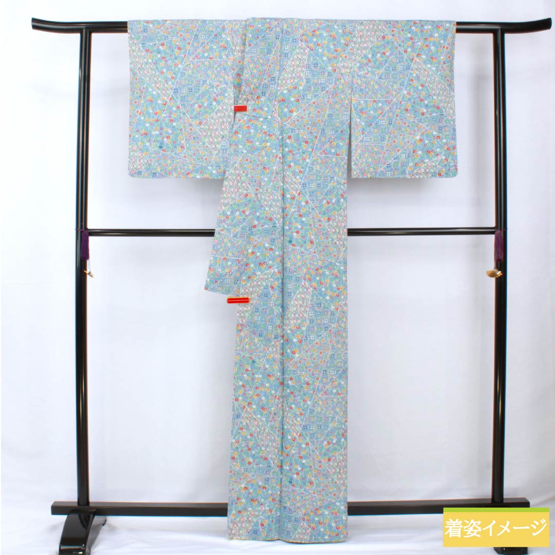 小紋 正絹 身丈164cm 裄丈63.5cm 袷 空色(そらいろ) 型染 割付 しつけ糸付き Sランク 水色系 1115005832424