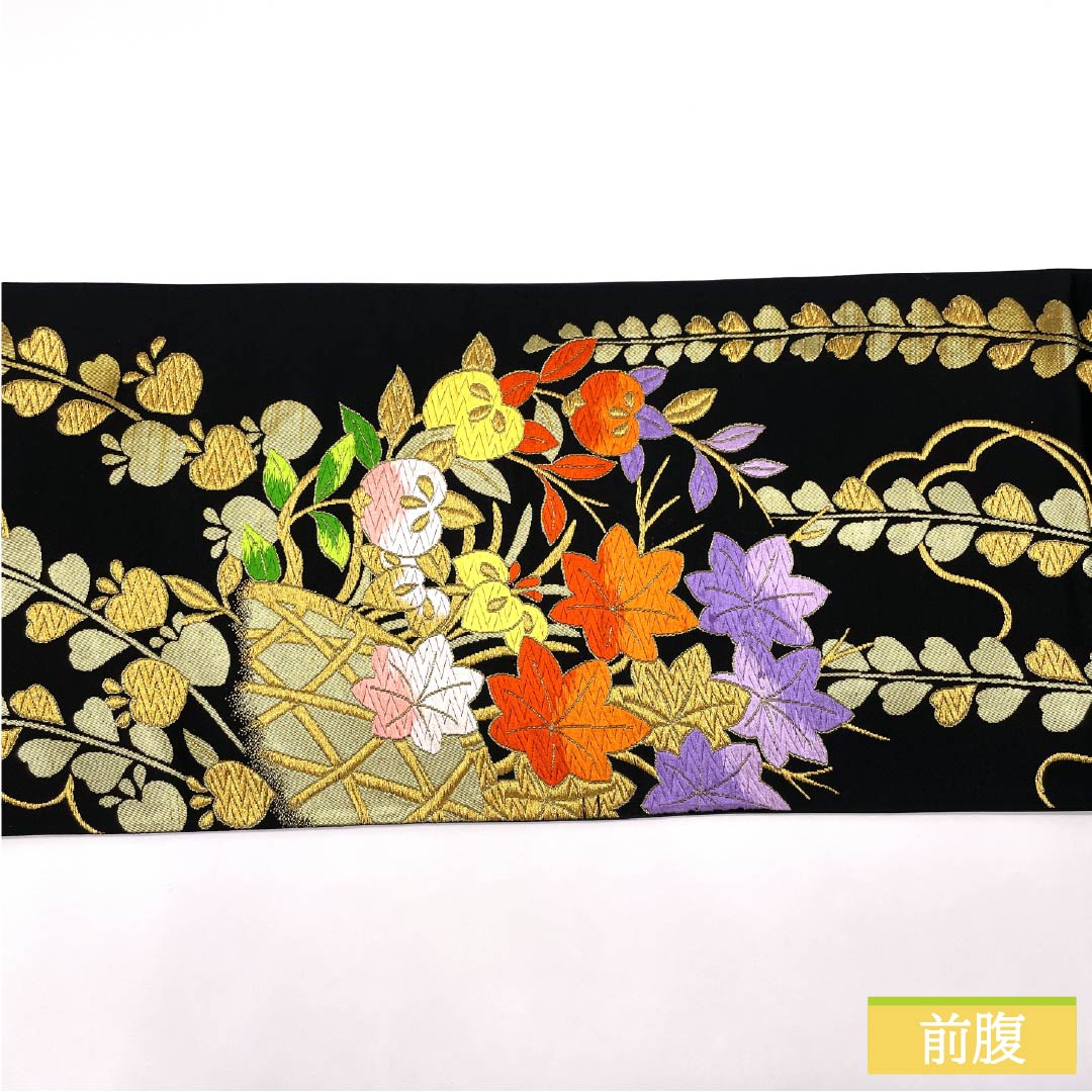 (未仕立)袋帯 正絹 振袖用 竹垣 橘 杜若 帯丈432cm Sランク 六通 フォーマル 黒系 1123014592310