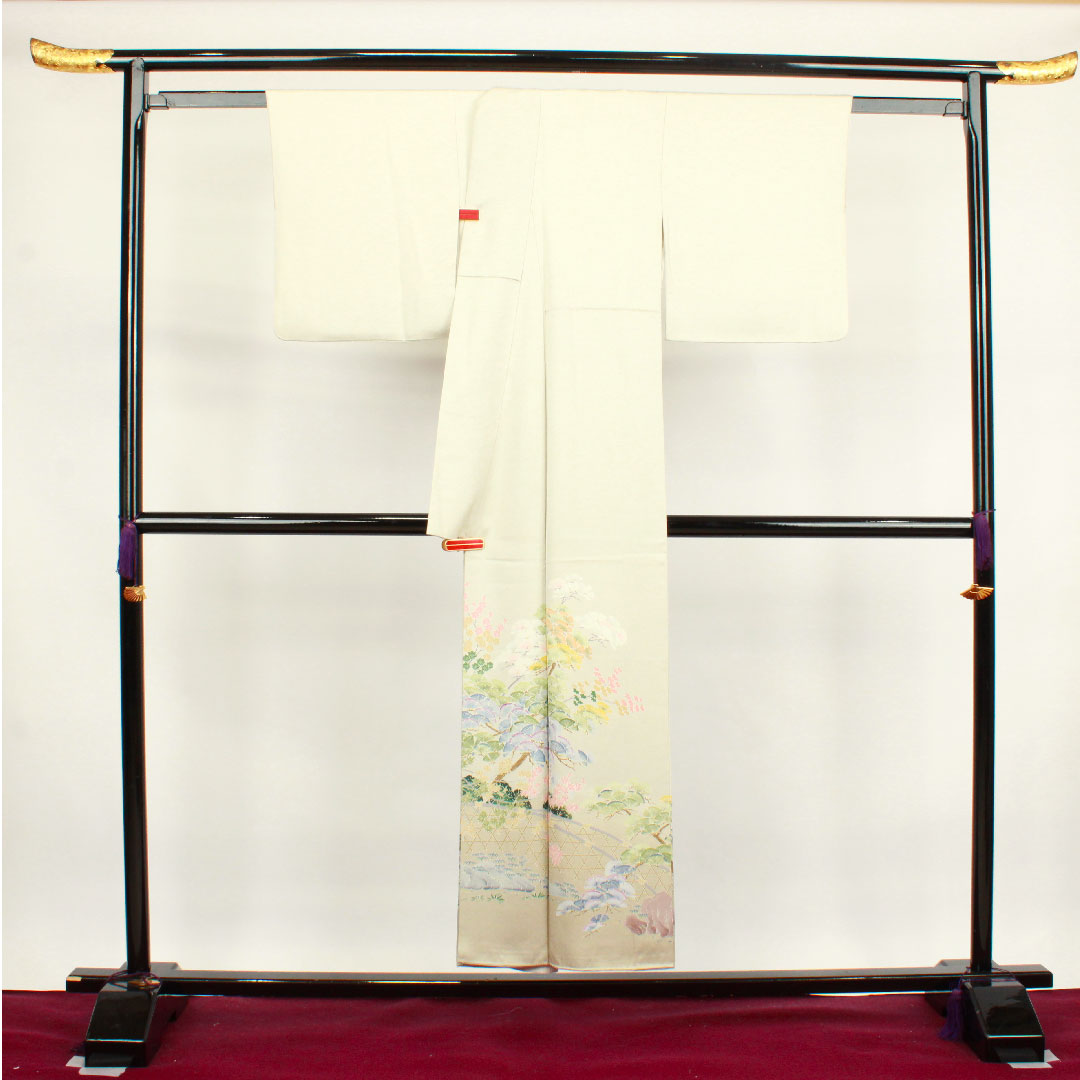色留袖 身丈151cm 裄丈61.5cm 袷 灰白色 京友禅 草花模様 細輪に木瓜 正絹 Sランク 一つ紋 グレー系 1111001062222