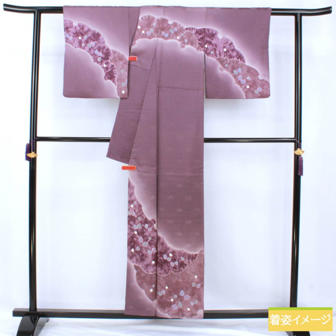Visiting Kimono, Pure Silk, Grade A, Lined, Length 156.5cm, Sleeve Length 63cm, Ancient Purple (Kodai Murasaki Iro), Shibori Pattern, Snow Circle, Camellia, Sayagata Pattern, Purple, Item Number: 1112007063320
