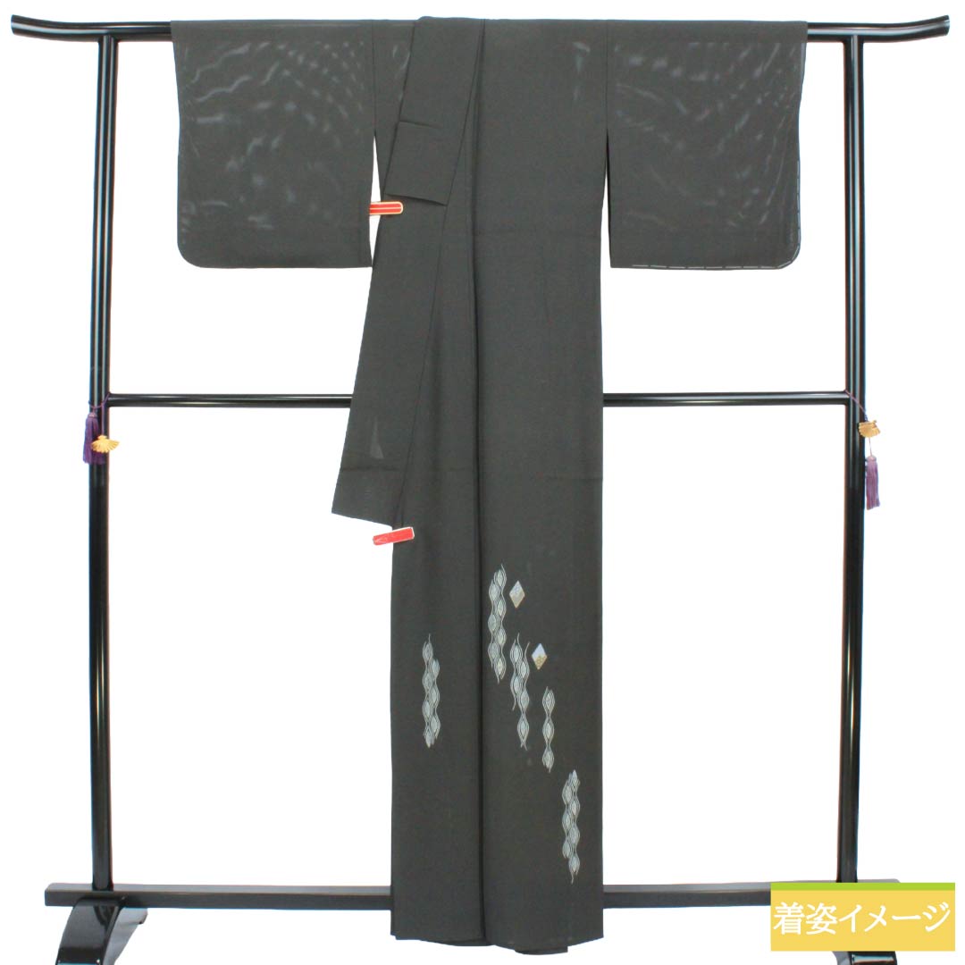 夏物 正絹 付下げ Sランク 身丈162cm 裄丈66cm 具墨色(ぐずみいろ) 型染 蘇州刺繡 抽象模様 絽 グレー系 1132005092422
