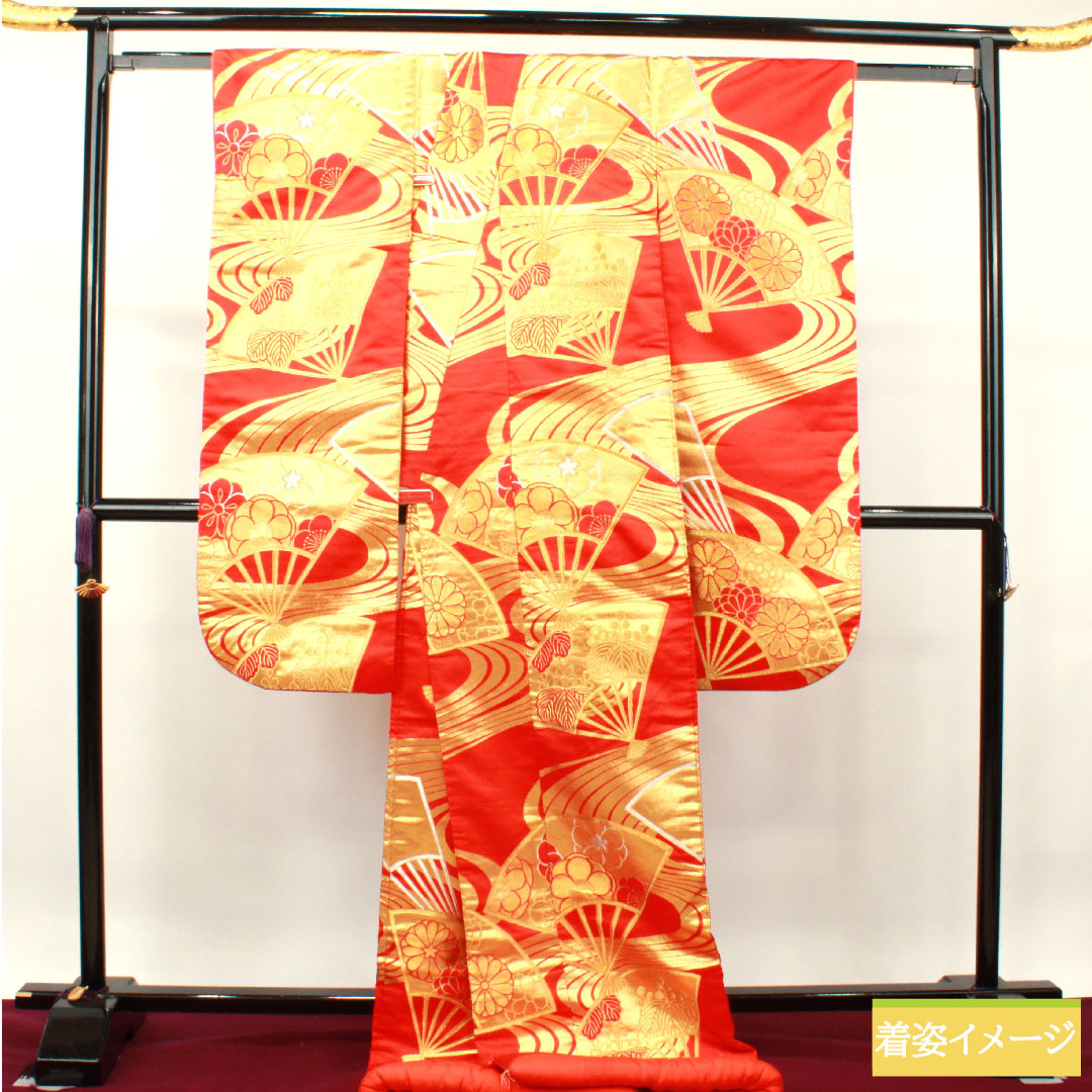 色打掛 正絹 身丈187cm 裄丈63.5cm 扇 流水 吉祥文様 Aランク 袷 朱系 1110000643916