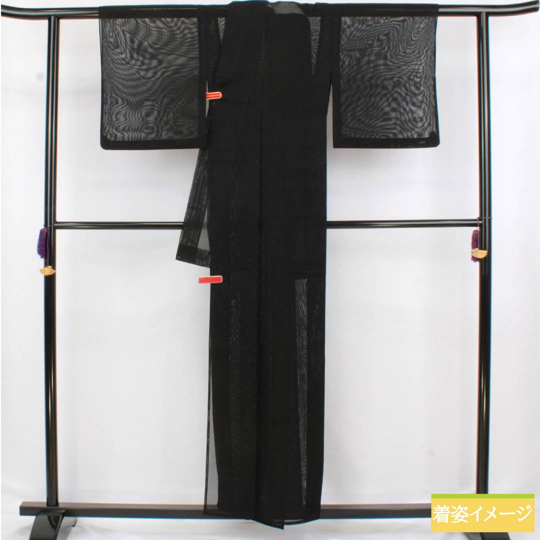 夏物 正絹 色無地 身丈157.5cm 裄丈62.5cm 竪絽 絽 Aランク 黒系 1132002703310