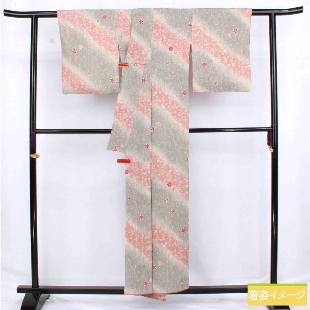 小紋 正絹 Sランク 身丈153cm 裄丈63cm 袷 浅蘇芳色(あさきすおういろ) 縞 梅 グラデーション系 1115006312299