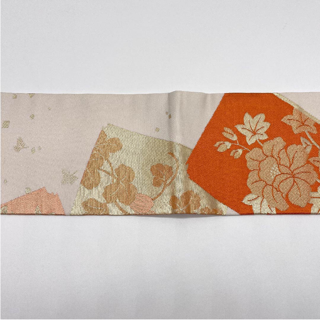 名古屋帯 胡粉色 花模様 帯丈356cm ポリ Sランク 六通 セミフォーマル 白系 1124003372311 名古屋仕立て