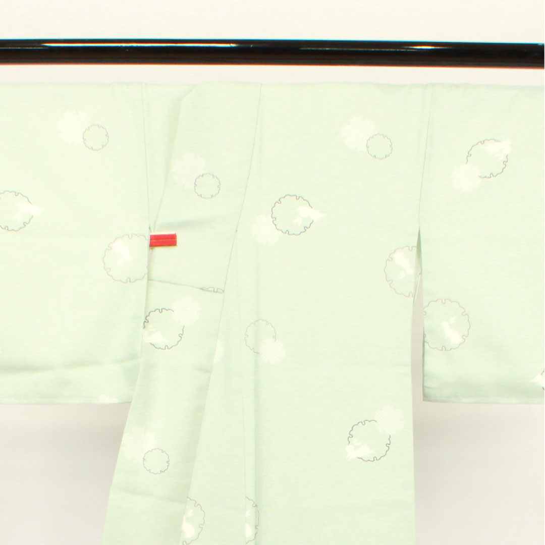 小紋 身丈166cm 裄丈66cm 袷 秘色色 洗える着物 雪輪 うさぎ ポリ Sランク 青系 1115002582517