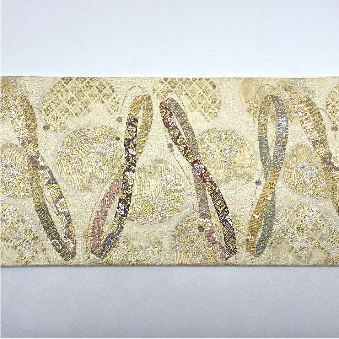 Fukuro obi (sash) in Torinoko color, classic pattern, woven ring inscription, obi length 442cm, pure silk, S rank, six-pass, formal, cream color, 1123008722315