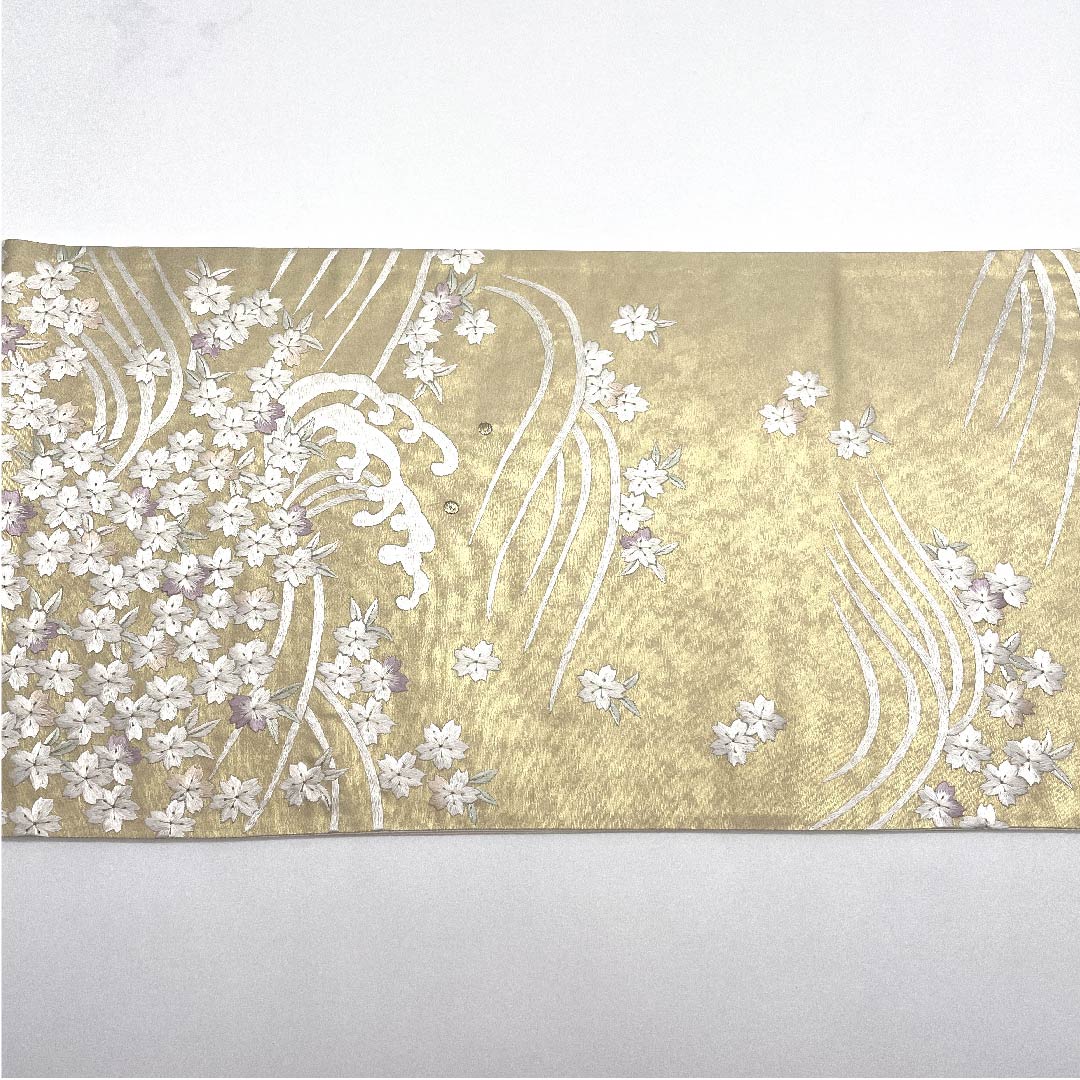 袋帯 薄卵色(うすたまごいろ) 刺繍 桜 波 露芝 帯丈450cm 正絹 Sランク 六通 フォーマル クリーム系 1123008152315