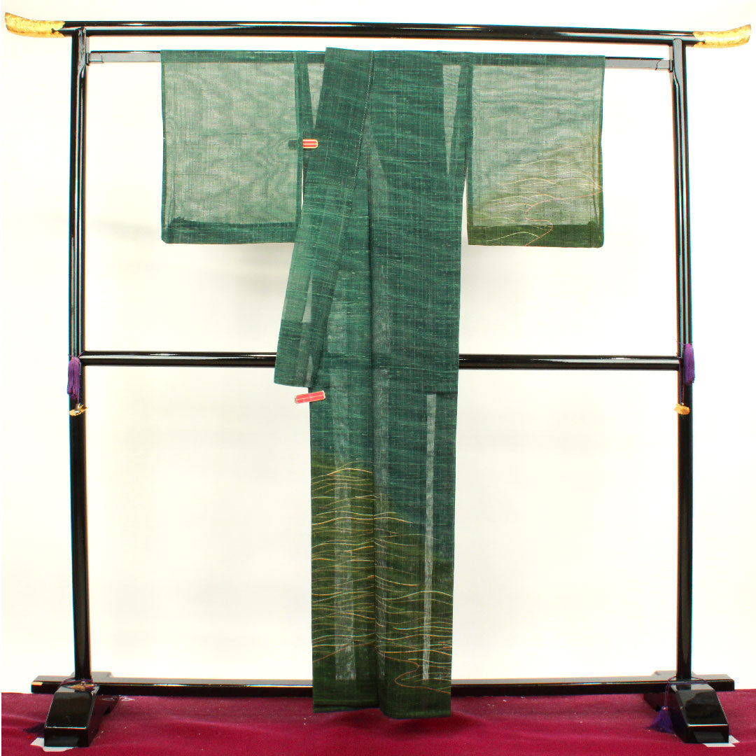 夏物 正絹 訪問着 身丈160cm 裄丈65cm 黒緑色(くろみどりいろ) 抽象模様 紬地 絽 Sランク 緑系 1132000572419