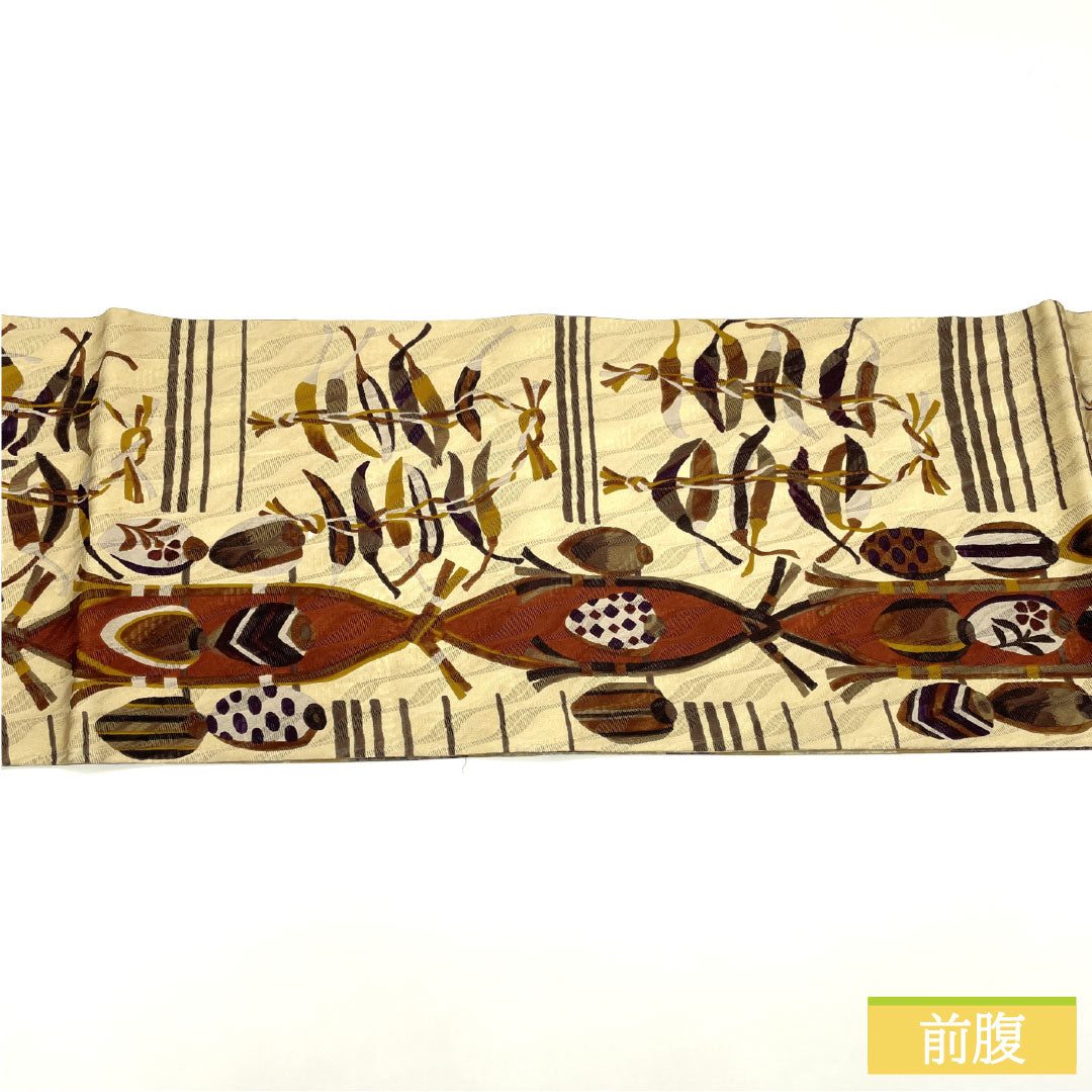 袋帯 正絹 Sランク 染め帯 リバーシブル 野菜 横段 帯丈458cm 全通 カジュアル ベージュ系 1123016392425