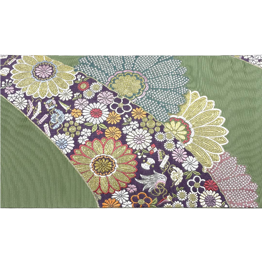 袋帯 山葵色(わさびいろ) 宝尽くし 花柄 高島織物 帯丈435cm 正絹 Sランク 六通 セミフォーマル 緑系 1123007162319