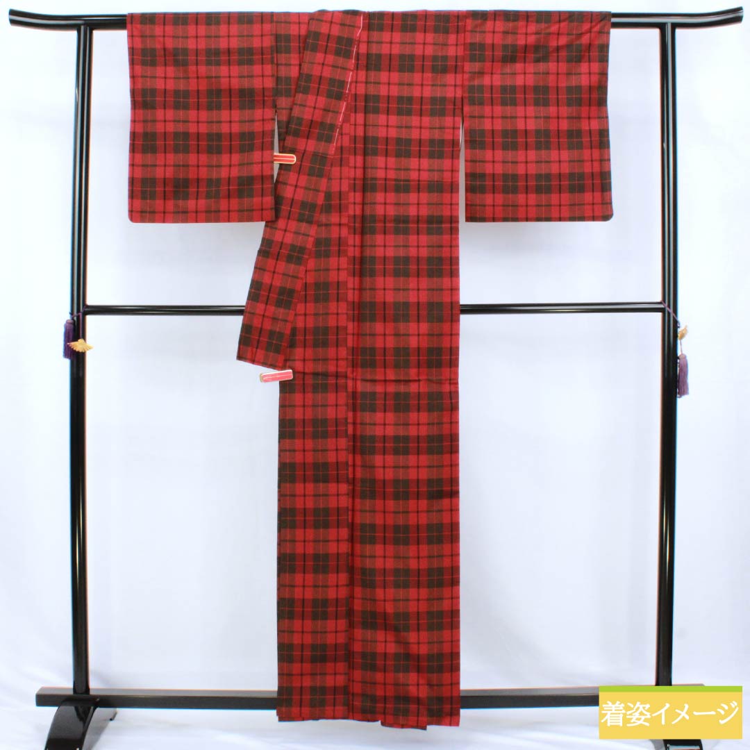 紬 正絹 Aランク 身丈159cm 裄丈64cm 大島紬 格子 袷 赤系 1116005063312